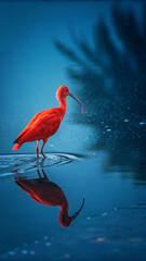 Scarlet ibis wading blue water bird