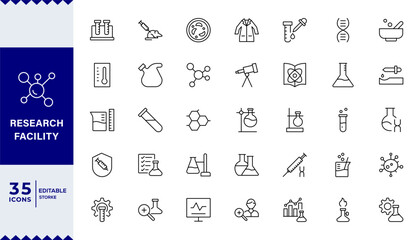Pixel Perfect,Research facility  line editable icon set. Containing experiment, test tube, microscope, flask, chemical, biology, research, lab and more. Editable stroke.
