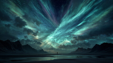 Fototapeta premium X-shaped cosmic auroras illuminate desert mountains, their intersecting beams creating quantum fractures in the sky.