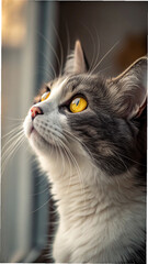Gray white cat yellow eyes looking up feline animal
