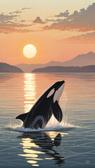 Fototapeta premium Orca breaching calm ocean sunset whale water