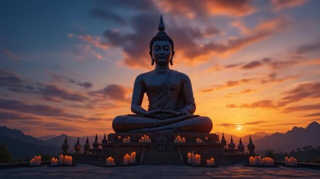 Sunset Buddha with candles and temple. 4k video