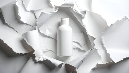 White cosmetic bottle mockup centered within a dynamic frame of torn and ripped paper textures, creating a clean, minimalist product display