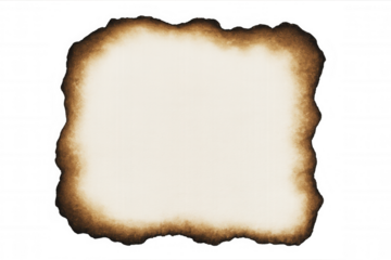 Scorched paper with charred edges framing transparent background, providing vintage, distressed texture for graphic design elements