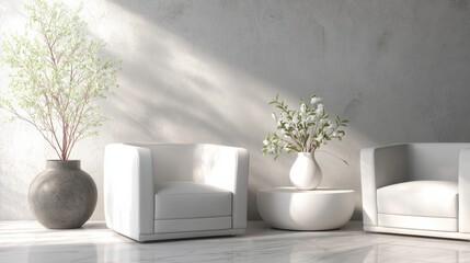 Modern Interior Design Featuring White Armchairs and Decorative Plants in a Sunlit Room