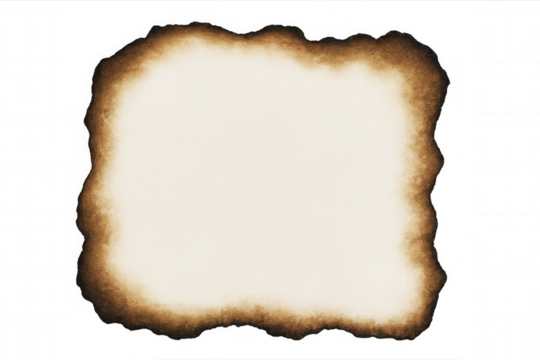 Scorched paper with charred edges framing transparent background, providing vintage, distressed texture for graphic design elements