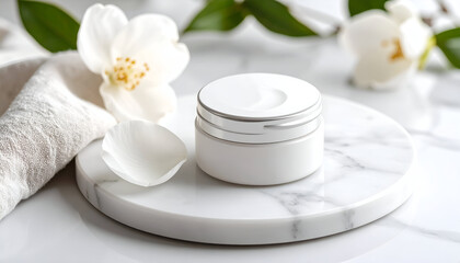 Luxurious White Cream Jar with Jasmine Flowers on Marble