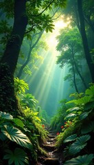 Obraz premium Sunlight Dapples through Lush Malaysian Rainforest Canopy, Illuminating Vibrant Undergrowth and Diverse Flora. A Thriving, Humid Ecosystem in Borneo.