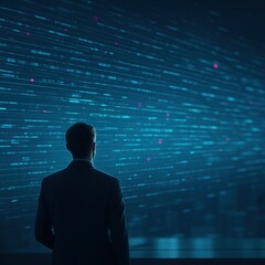A man in a suit gazes at a vast display of digital data lines.