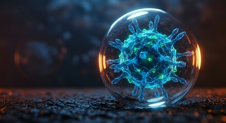 An abstract image of a digital bug or computer virus being contained and analyzed within a glass sphere