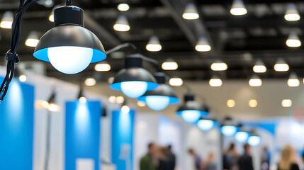 Modern Exhibition Hall with Bright Overhead Lighting and Blue Panels