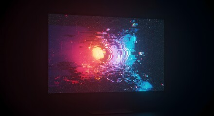 A visual of a digital glitch or pixelated disruption on a computer or TV screen, abstract technology background