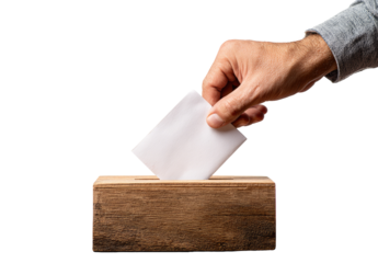 A hand reaching into a wooden ballot box with a folded white ballot