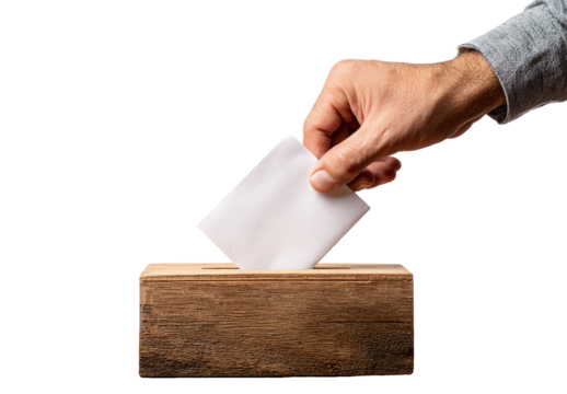 A hand reaching into a wooden ballot box with a folded white ballot