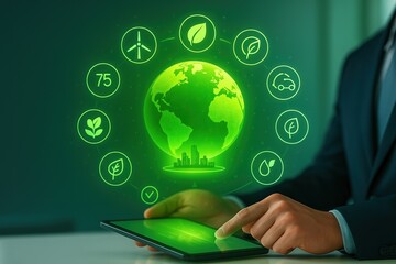 A digital representation of an environmentally friendly world, showcased with various symbols, is displayed on a tablet.