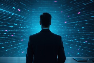 A person in a suit gazes at a digital data display, showcasing a futuristic and analytical concept.