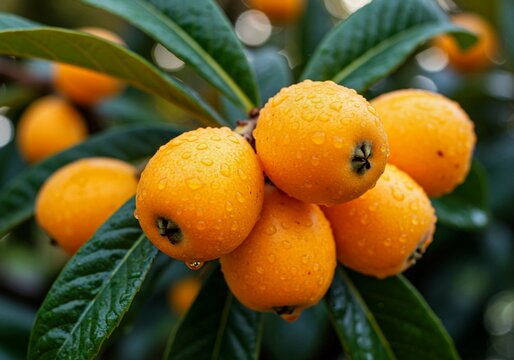 oranges on tree, Close-up of Copaiba branch with vibrant green leaves, ripe yellow fruits. Illustration highlights natural medicine, healing properties. Branch water droplets suggesting recent rain. B