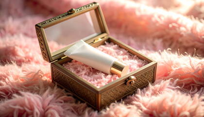 Luxury cosmetic cream tube displayed in an ornate antique jewelry box with a fluffy pink lining, bathed in soft sunlight