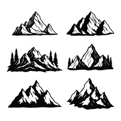 Mountain Silhouette Illustration Set, Hand Drawn Vintage Nature Landscape Collection