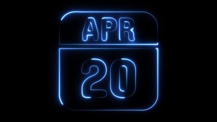 Neon blue calendar date April 20 glowing on black background digital animation for event reminders planning