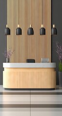 Modern reception desk with pendant lights and wooden wall panels, showcasing a stylish and minimalist interior design.
