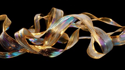 Iridescent gold and translucent ribbons intricately intertwined, swirling and flowing against a stark black background, showcasing a dynamic, almost liquid-like movement and shimmering highlights