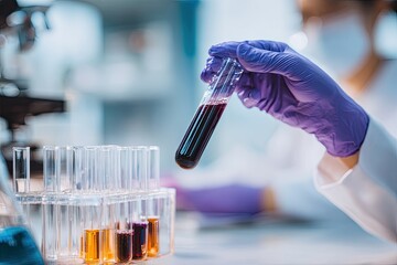 Lab technician holds a test tube with red liquid, surrounded by other test tubes