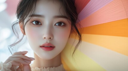 Woman doing personal color diagnosis in clothing store background,popular hobby in korea and japan.