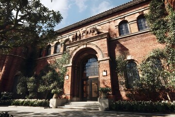Fototapeta premium Brick building with large arched entrance and greenery.