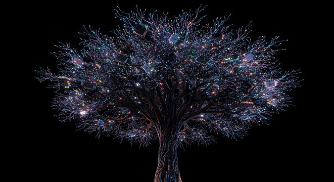 A growing tree made of glowing digital circuits and data points, symbolizing data growth and network expansion