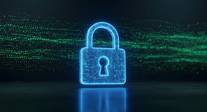 A glowing blue digital padlock icon on a background of streaming binary code, symbolizing cybersecurity