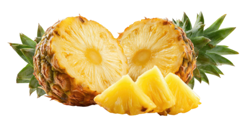 Two halves of a pineapple, with slices, are displayed.  The fruit is a vibrant yellow color, contrasted by the green leaves
