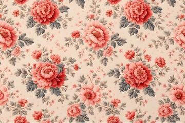 Lush coral peonies with grey-green leaves create a timeless, romantic floral pattern for elegant decor