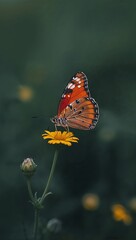 Obraz premium Vibrant orange butterfly with black markings alighting on a bright yellow flower