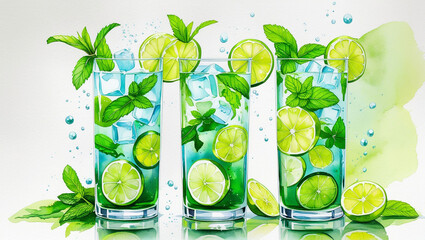 Refreshing mojito drink with mint and lime cocktail summer beverage cold drink ice cubes alcohol free drink