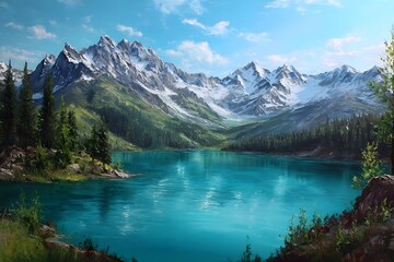 Majestic snow-capped mountains, serene blue lake, lush greenery, bright sunlight.