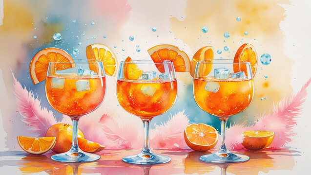Aperol spritz cocktail watercolor art orange slice ice cubes refreshing drink summer beverage party celebration