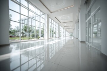 Empty white hallway with large windows