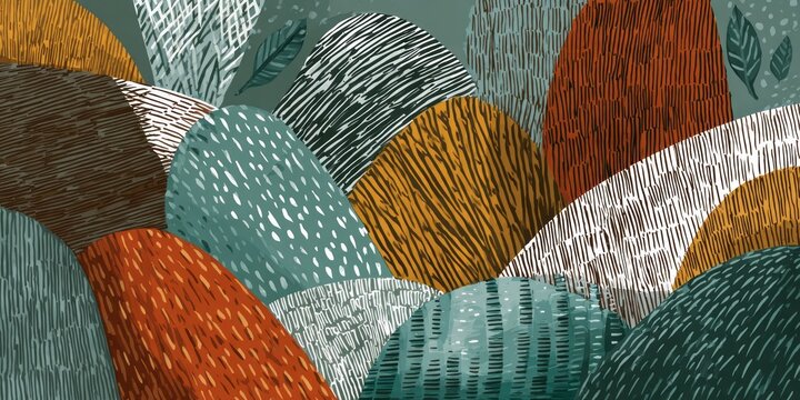 A stylized landscape design showcases textured hills in warm earthy tones and cool blues, enhanced by intricate details.