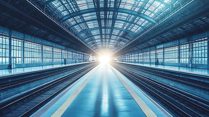 Modern Train Station with Symmetrical Tracks and Bright Light at the End