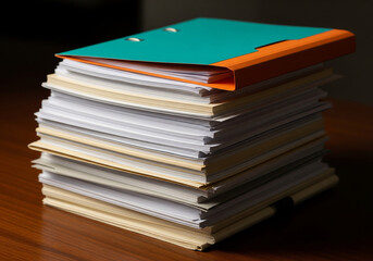 Stack of Documents with Teal and Orange File Folder on Wooden Desk.