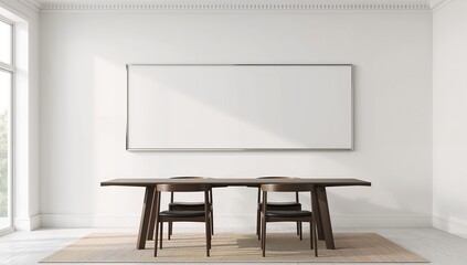 Spacious modern meeting room mockup with large whiteboard and wooden table