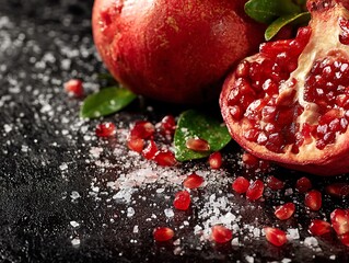 Fresh Pomegranate Seeds and Fruit on Dark Background