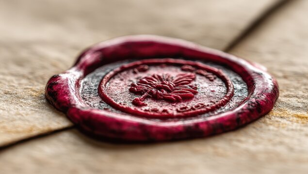 Close-up of a crimson wax seal with a leaf design on aged parchment
