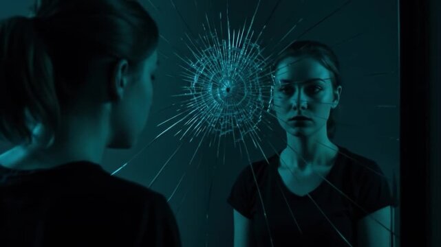 Fractured reflection woman facing a broken mirror representing fragility and mental state