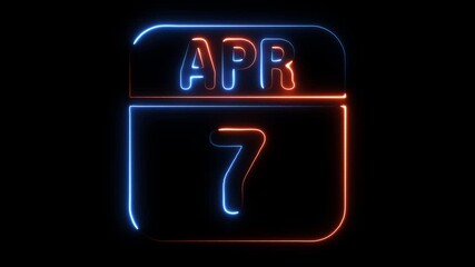Neon calendar date April seventh glowing abstract digital display bright illumination modern graphic design concept