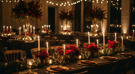 Elegant table setting with red roses, candles, and golden plates for a luxurious dinner party.