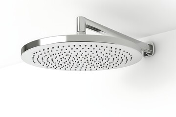 Polished shower head with rain-like holes, mounted on a white wall with a reflective metal arm fixture