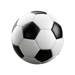 Close-up of a black and white soccer ball.  It's a round, symmetrical object with a distinct pattern of black and white hexagons.  The ball is perfectly centered against a black background
