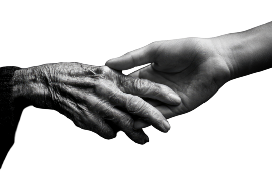 Close-up of two hands clasped.  A weathered hand of an elderly person meets the younger hand.  Care and support are shown